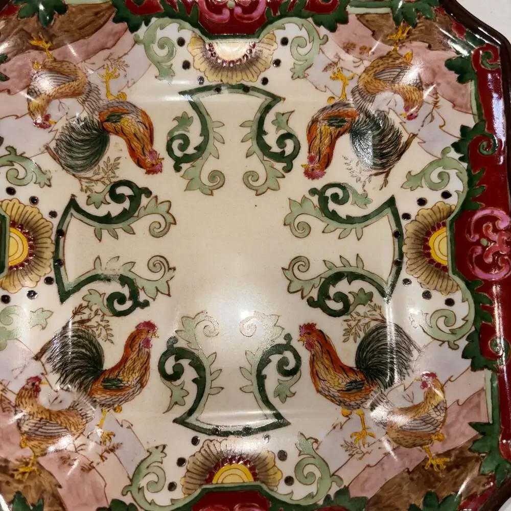 Hua Rong Tang Hand-Painted Square Rooster Decorative Plate